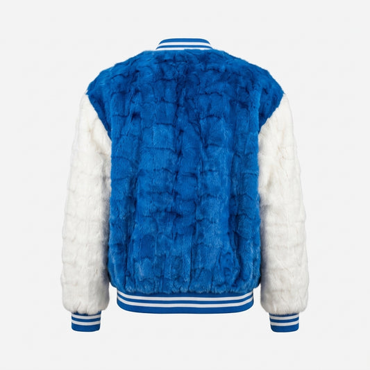 Kashani White/Blue Diamond Cut Mink Fur Bomber Jacket