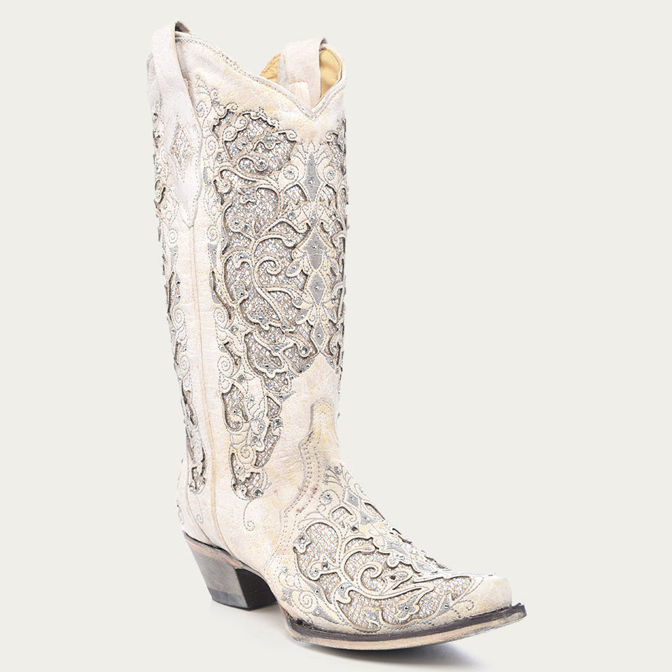 Corral Women’s White Glittered Inlay and Crystal Snip-Toe Wedding Cowboy Boot