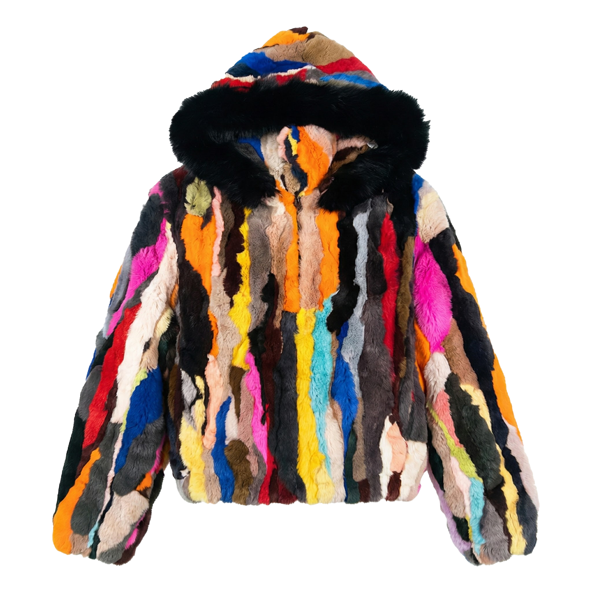 Kashani Women's Multi Color Rabbit Fur Coat w/ Detachable Hood
