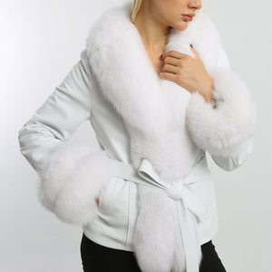 Kashani Women's White Fox Fur & Embossed Leather Belted Jacket - Dudes Boutique