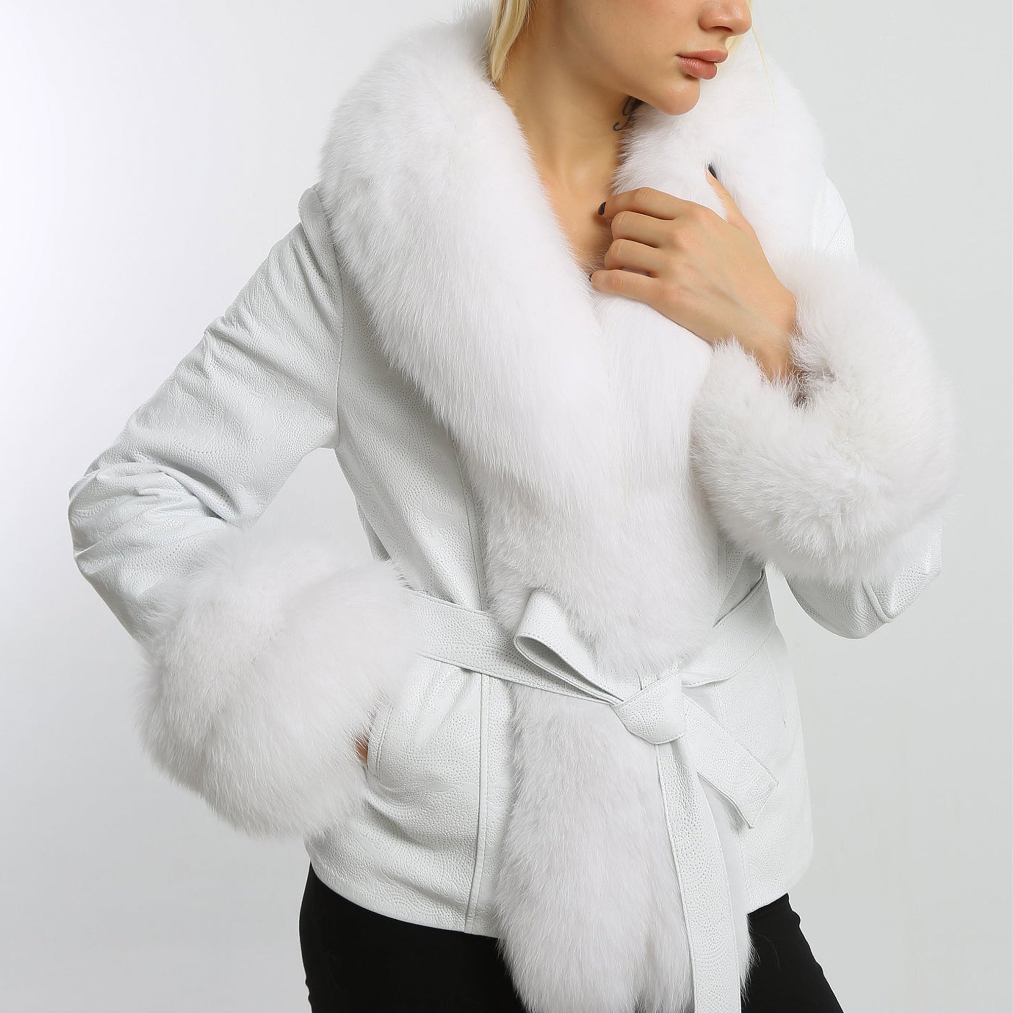 Kashani Women's White Fox Fur & Embossed Leather Belted Jacket - Dudes Boutique
