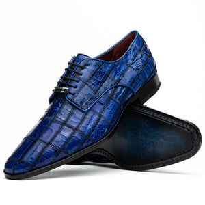 Marco Di Milano Asti Electric Blue Patchwork Caiman Crocodile Derby Dress Shoes - Dudes Boutique