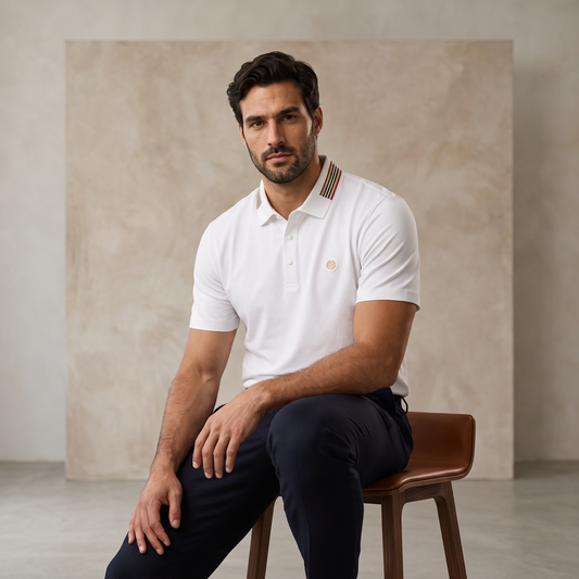 Stripe Collar Performance Polo – El Baron WHITE