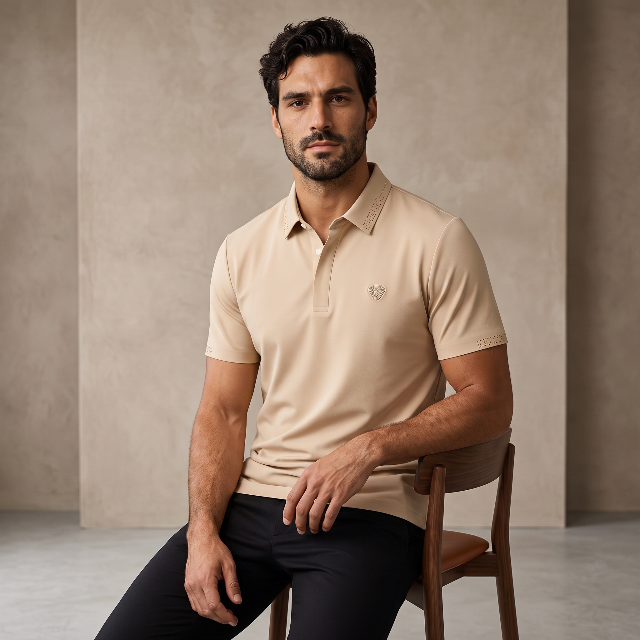Perforated Collar Performance Polo – El Baron KHAKI/GOLD