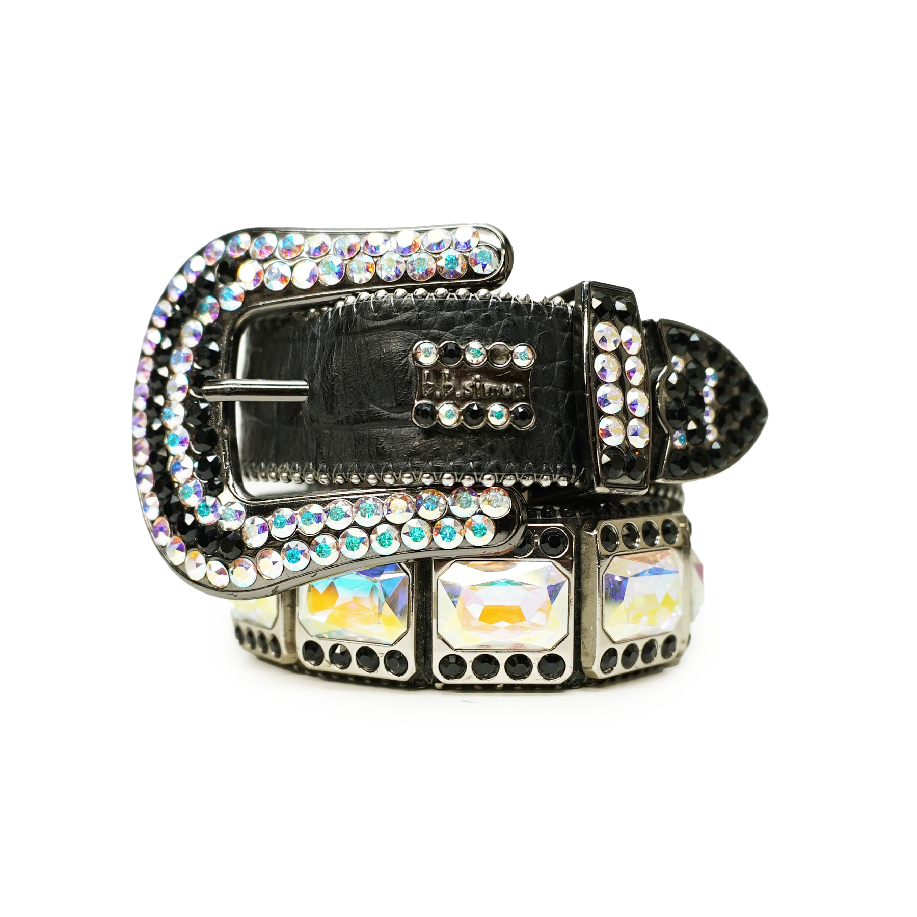b.b. Simon Black Croc Iridescent Monster Crystal Belt