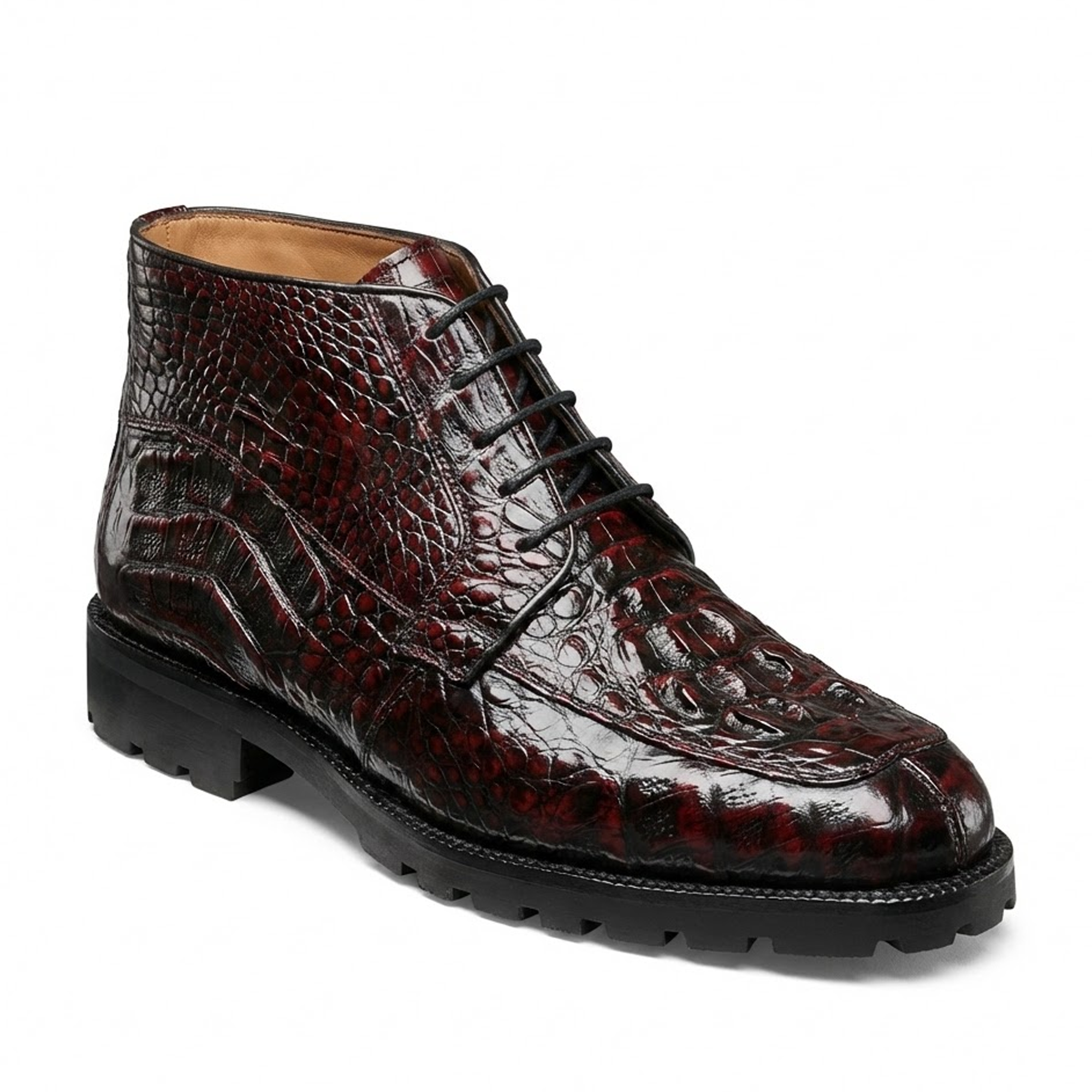 Los Altos Black Cherry Hornback All-Over Crocodile Lace Up Ankle Boots