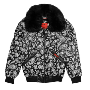 Goose Country Black Paisley Bomber Jacket with Fox Fur Collar - Dudes Boutique