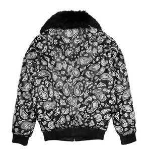 Goose Country Black Paisley Bomber Jacket with Fox Fur Collar - Dudes Boutique