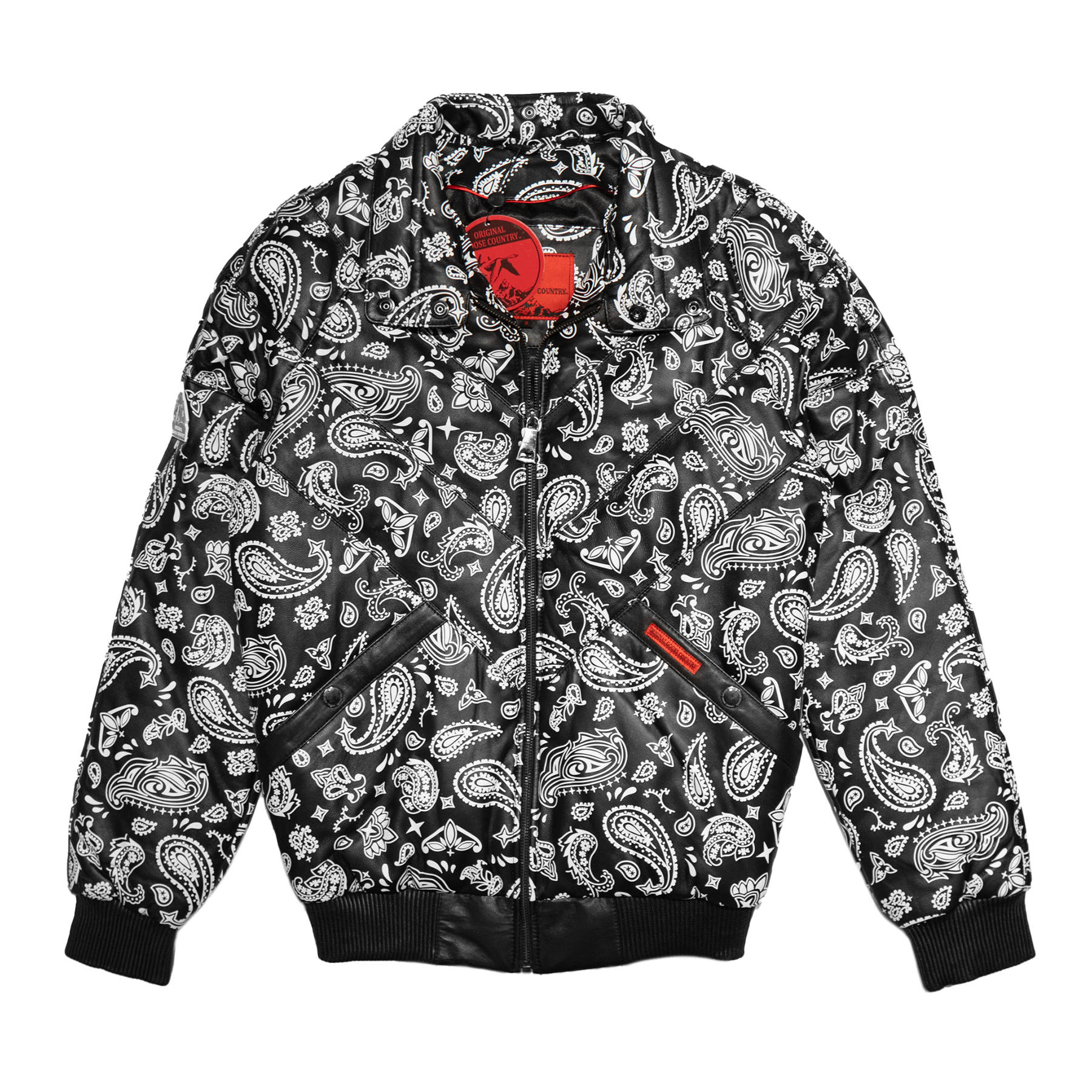Goose Country Black Paisley Bomber Jacket with Fox Fur Collar - Dudes Boutique