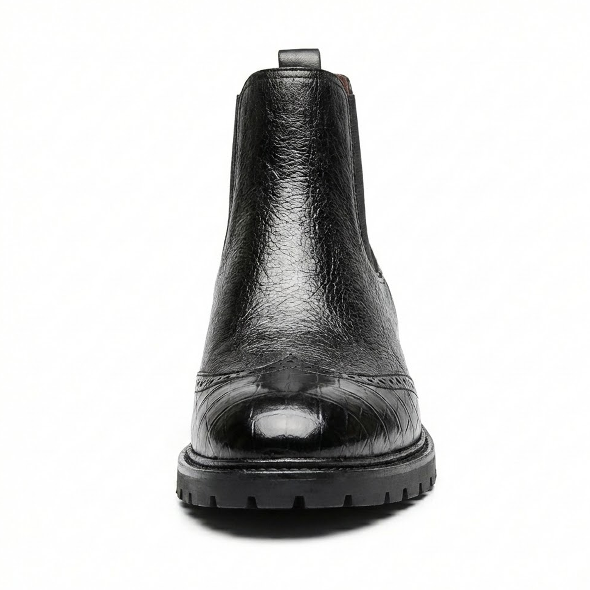 Lombardy Black Smooth Ostrich / Crocodile Tractor Sole Chelsea Boots