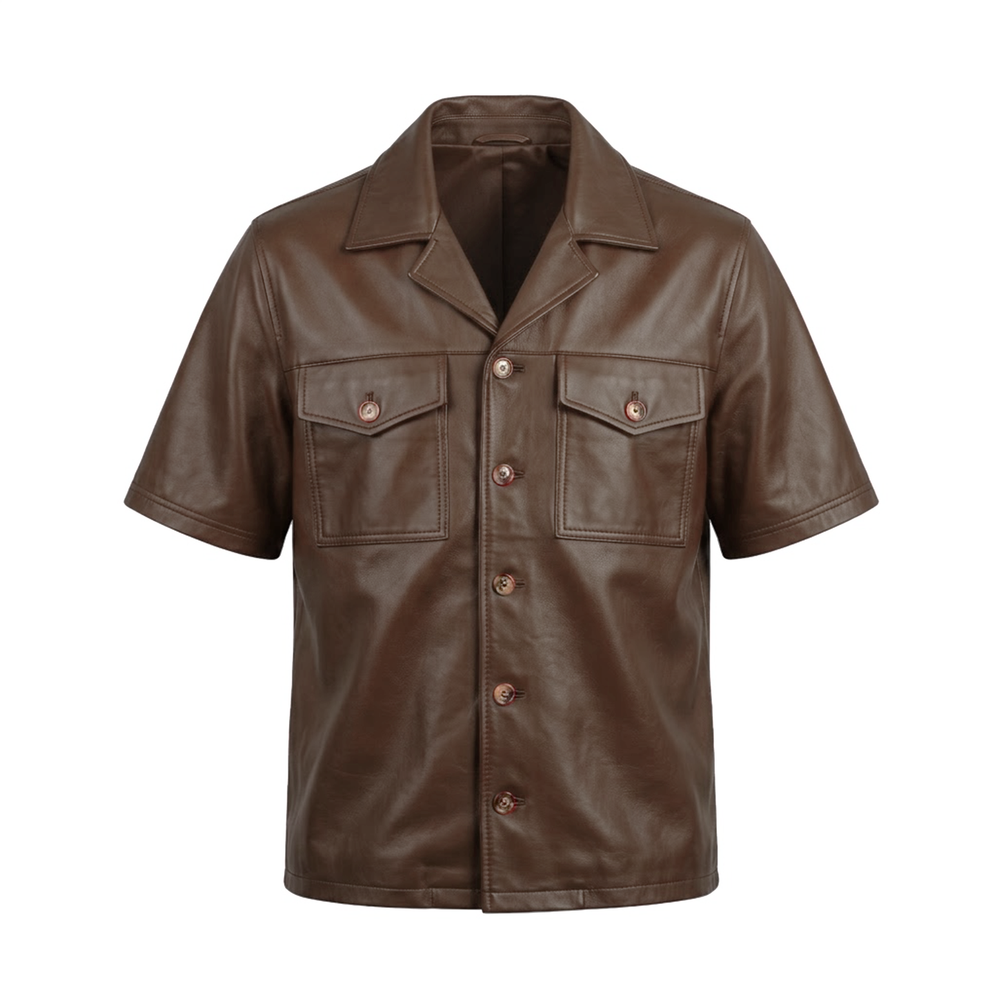 Kashani Brown Lambskin Leather Cuban Collar Shirt