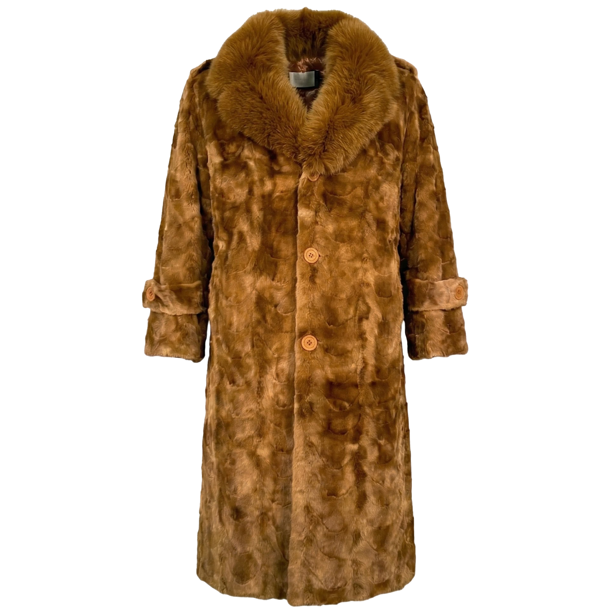 Kashani Men's Whiskey Full Mink Fur Trench Coat w/ Fox Collar