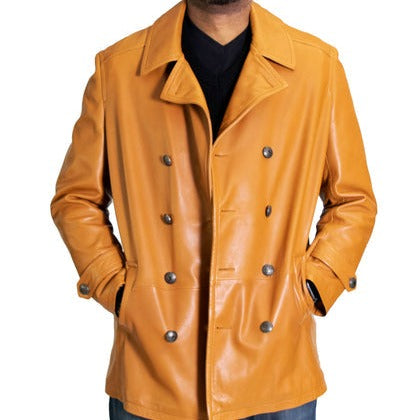 Kashani Cognac Double Breasted Lambskin 3/4 Trench Coat - Dudes Boutique