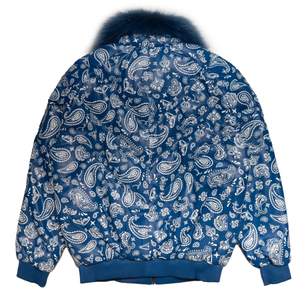 Goose Country Blue Paisley Bomber Jacket with Fox Fur Collar - Dudes Boutique