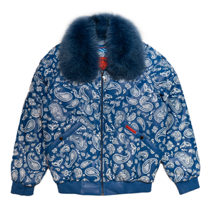 Goose Country Blue Paisley Bomber Jacket with Fox Fur Collar - Dudes Boutique