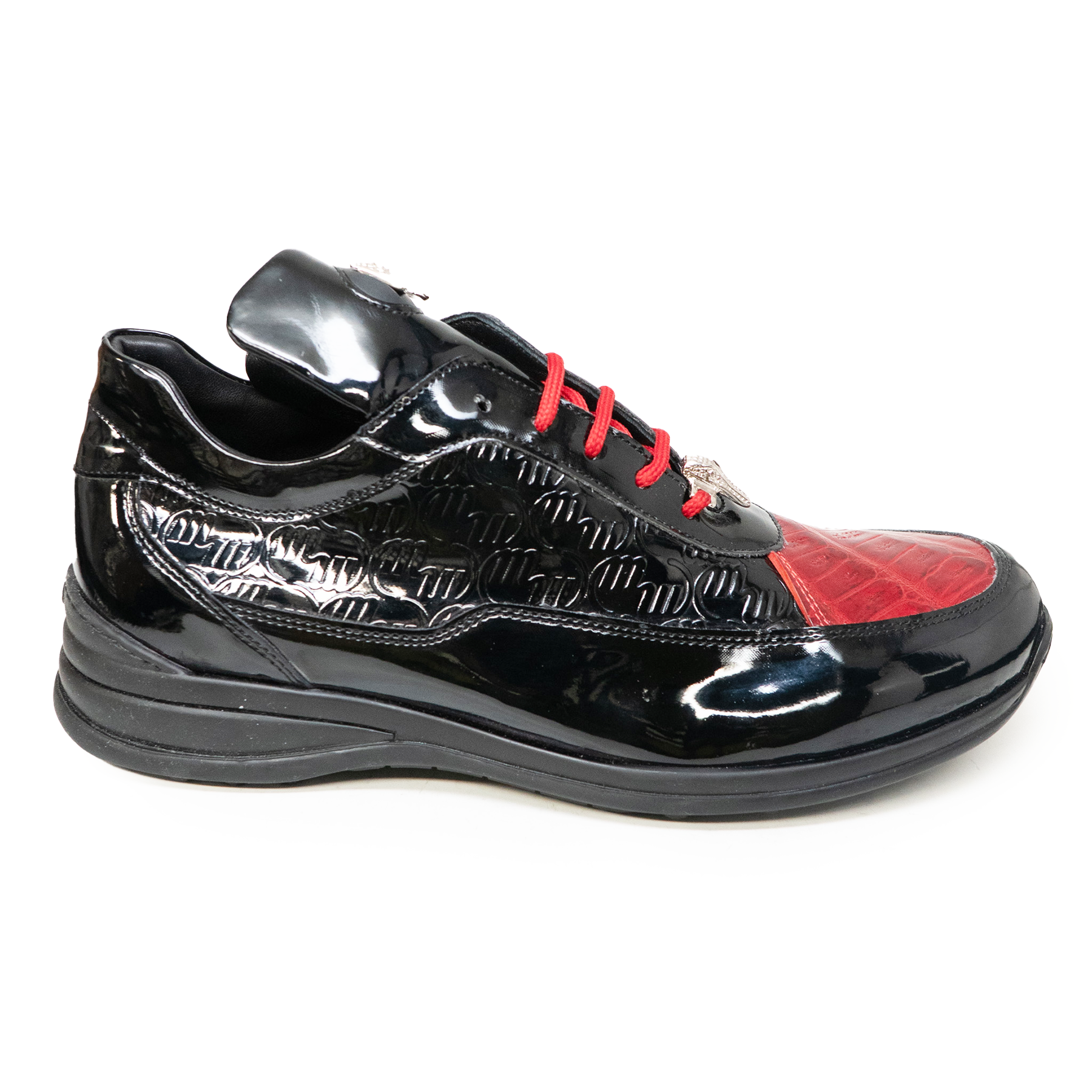 Mauri 8900-2 Bubble Patent Leather Embossed Baby Croc Sneakers Black / Red (Black Sole) - Dudes Boutique