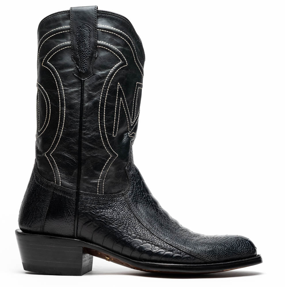 Marco Di Milano Denver Black Ostrich Leg Round Toe Cowboy Boots