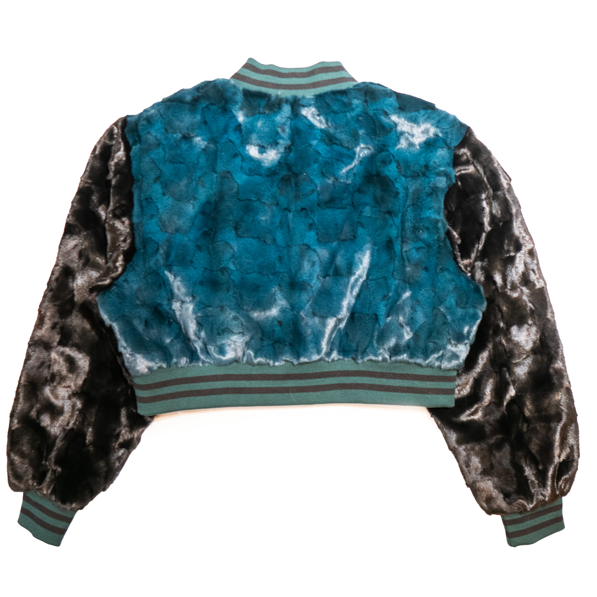 Kashani women's Eagles diamond cut mink cropped bomber jacket, teal, silver and brown