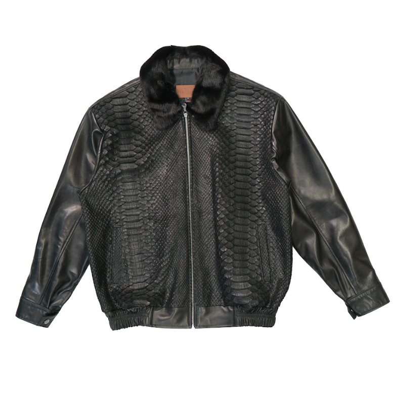 Kashani Black Dragon Python / Mink Collar Lambskin Bomber Jacket - Dudes Boutique