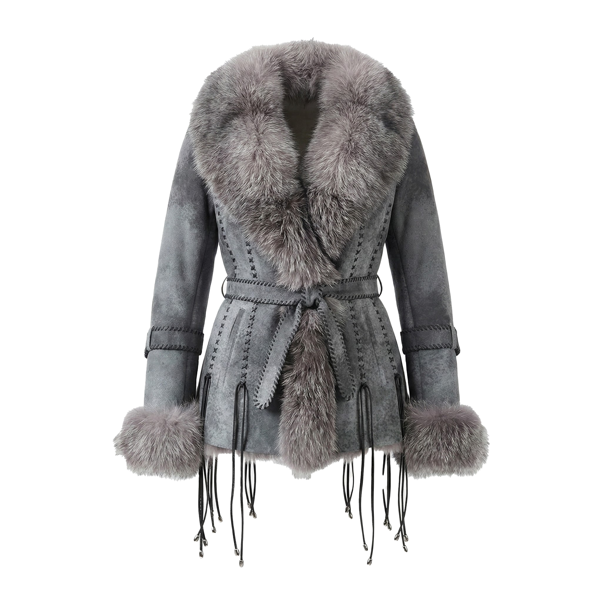 Kashani Women's Grey Hand Woven Silver Fox Fur Shearling Coat