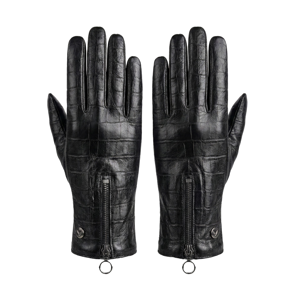 Kashani black lambskin leather gloves with alligator print