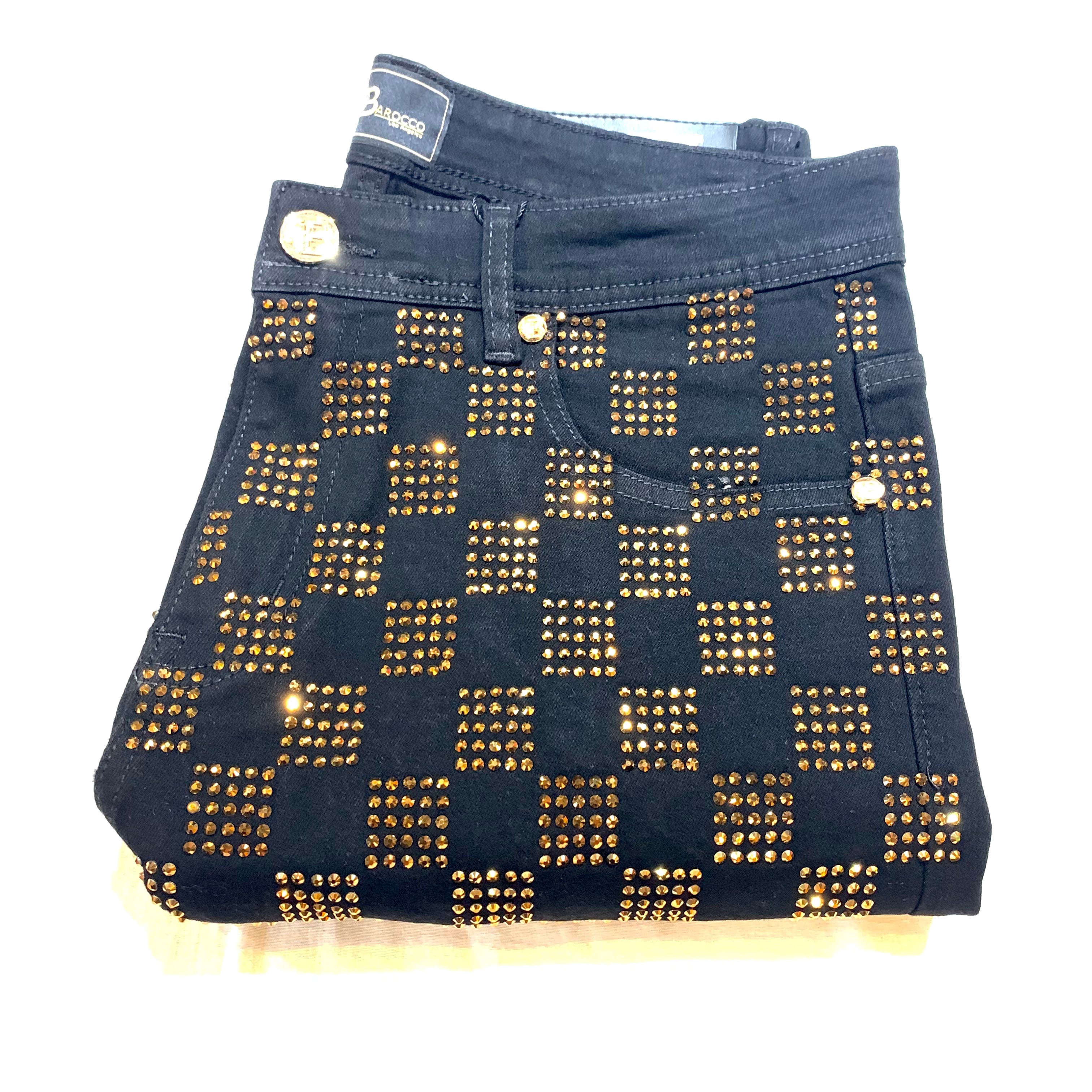 Barocco Black Gold Full Checkered Crystal Pants - Dudes Boutique
