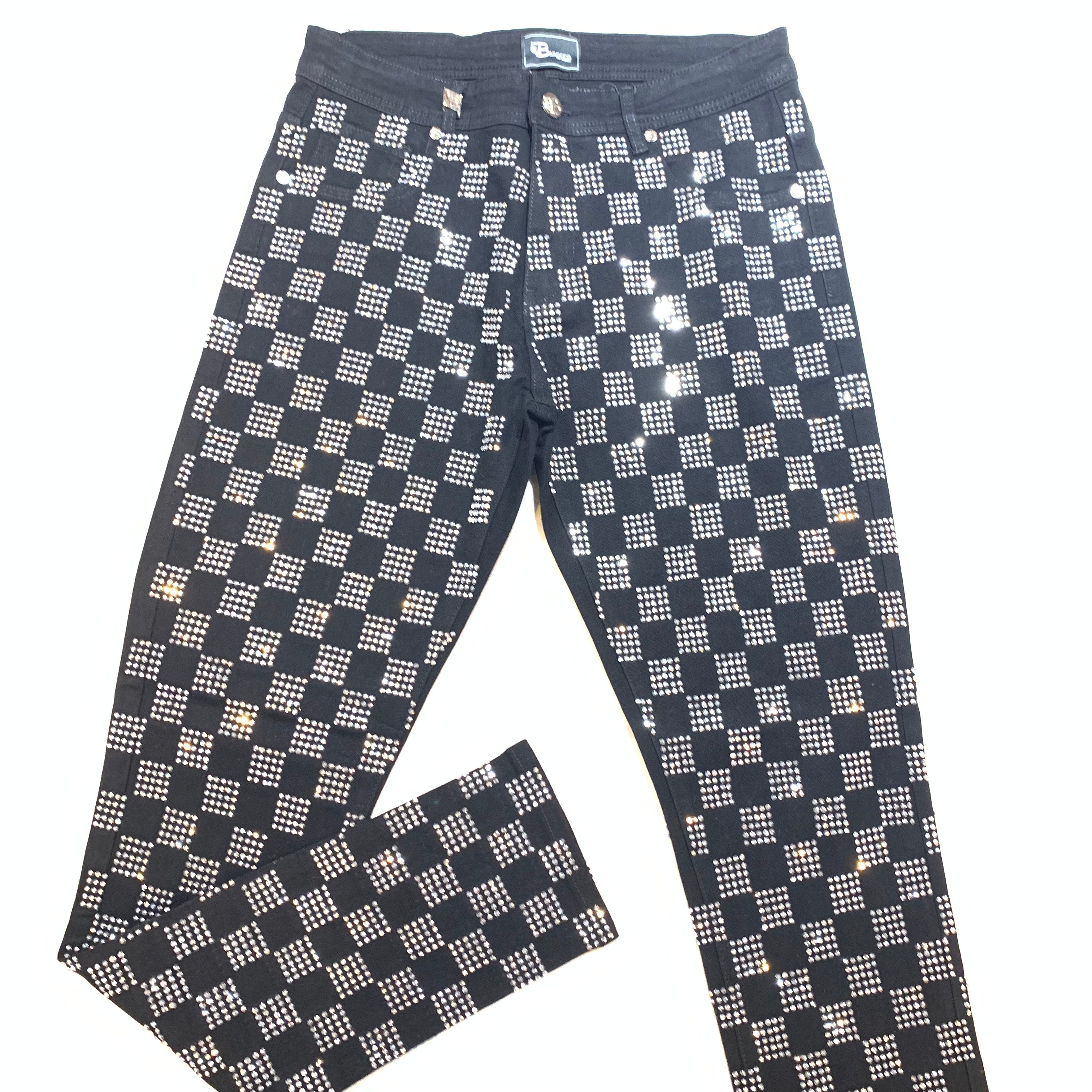 Barocco Black Silver Full Checkered Crystal Pants - Dudes Boutique