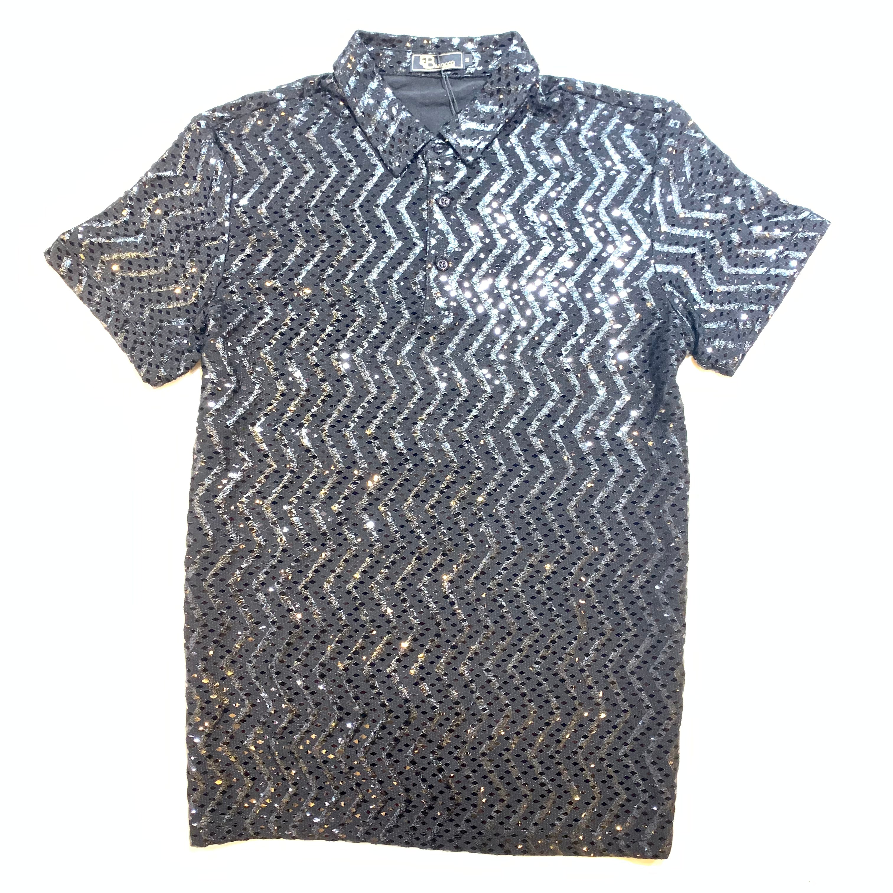 Barocco Jet Black Diamond Sequin Polo Shirt - Dudes Boutique