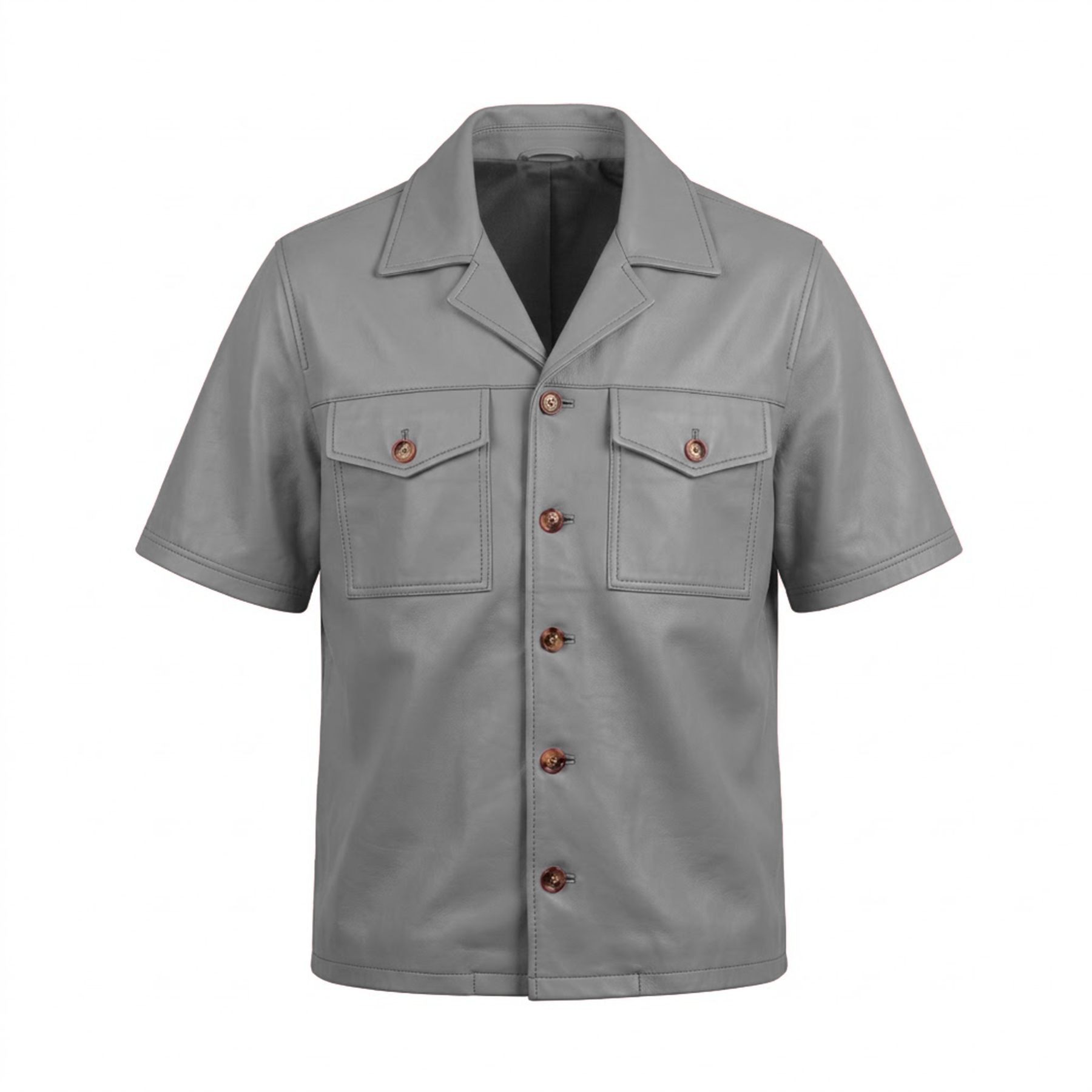 Kashani Grey Lambskin Leather Cuban Collar Shirt