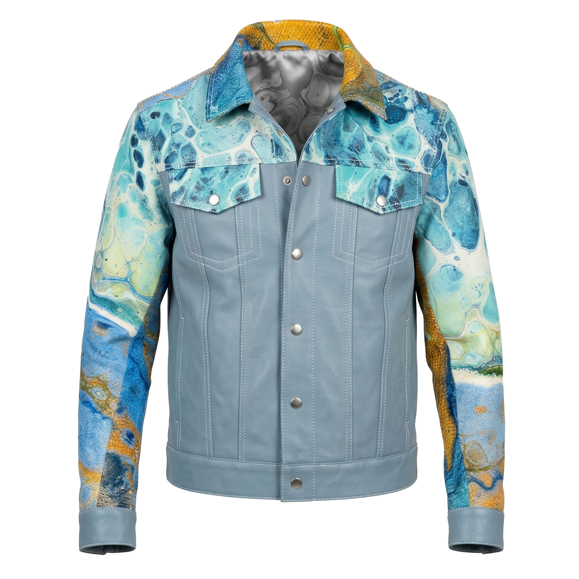 Kashani Powder Blue Ocean Painted Leather Jacket