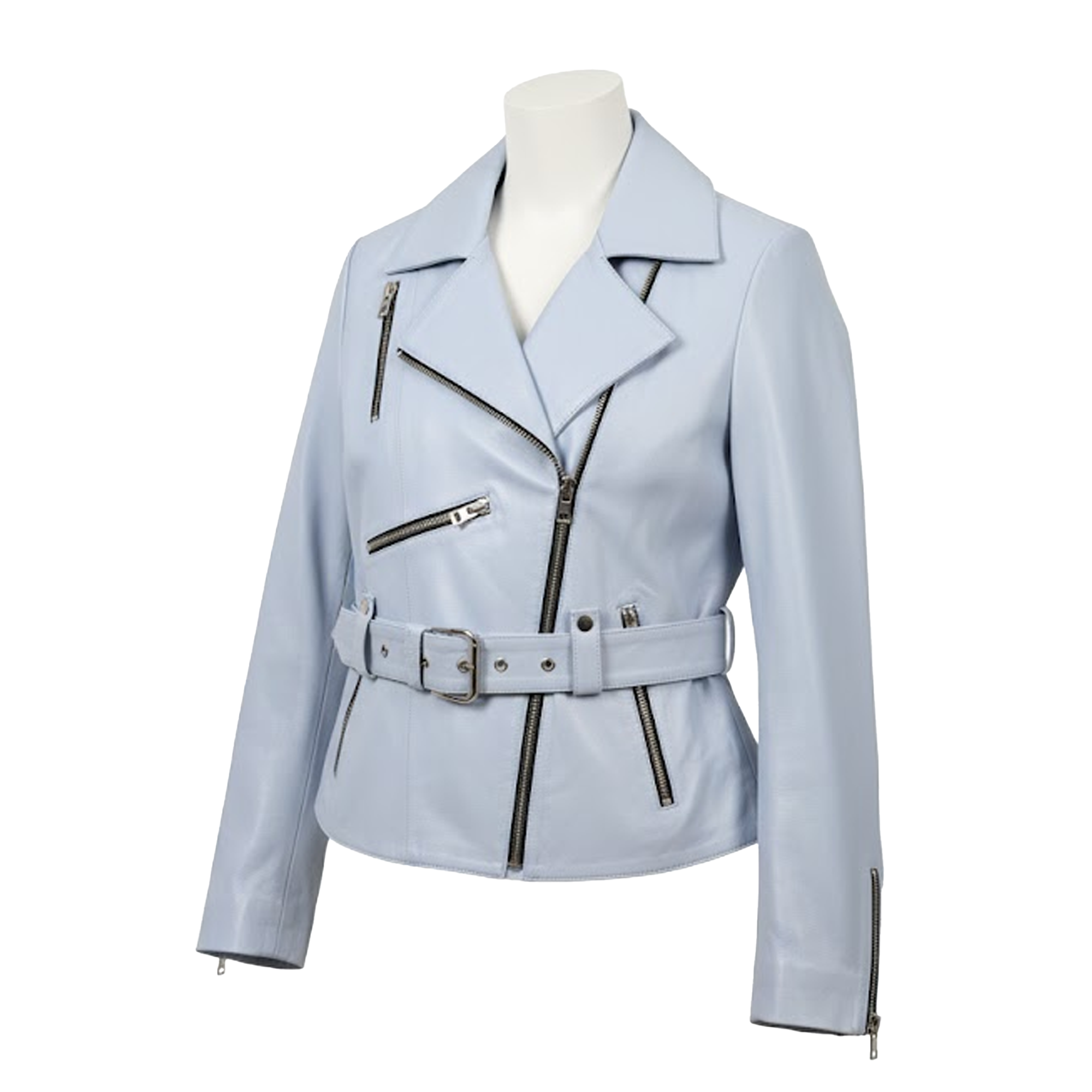 Kashani Women's Blue Cropped Lambskin Leather Trench Biker Jacket