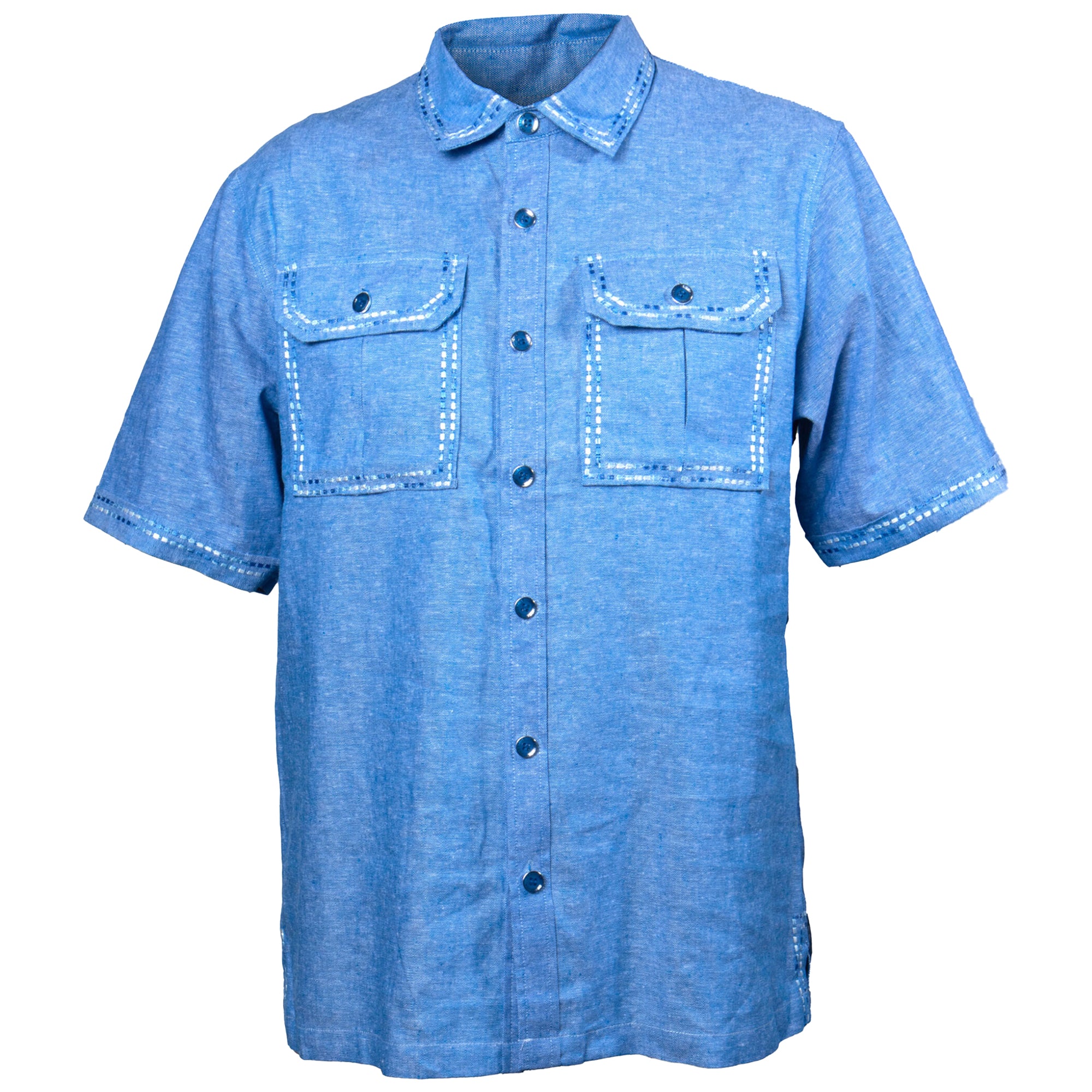 Prestige Blue Linen Short-Sleeve Shirt with Contrast Stitching - Dudes Boutique