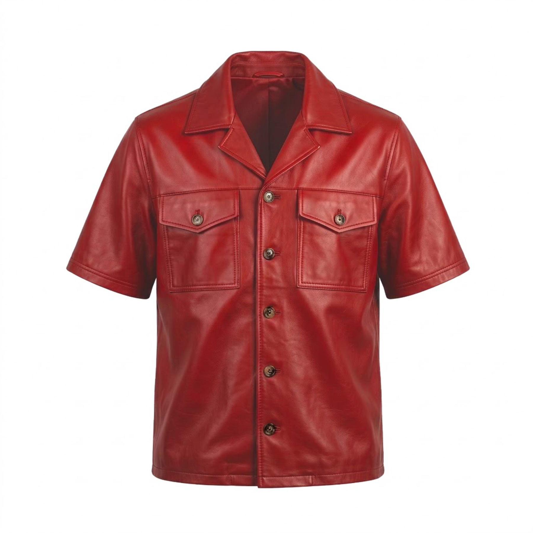 Kashani Red Lambskin Leather Cuban Collar Shirt