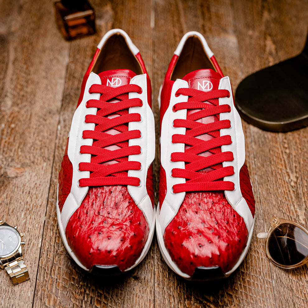 Marco Di Milano Lyon II Red / White Ostrich Quill & Calfskin Sneakers - Dudes Boutique