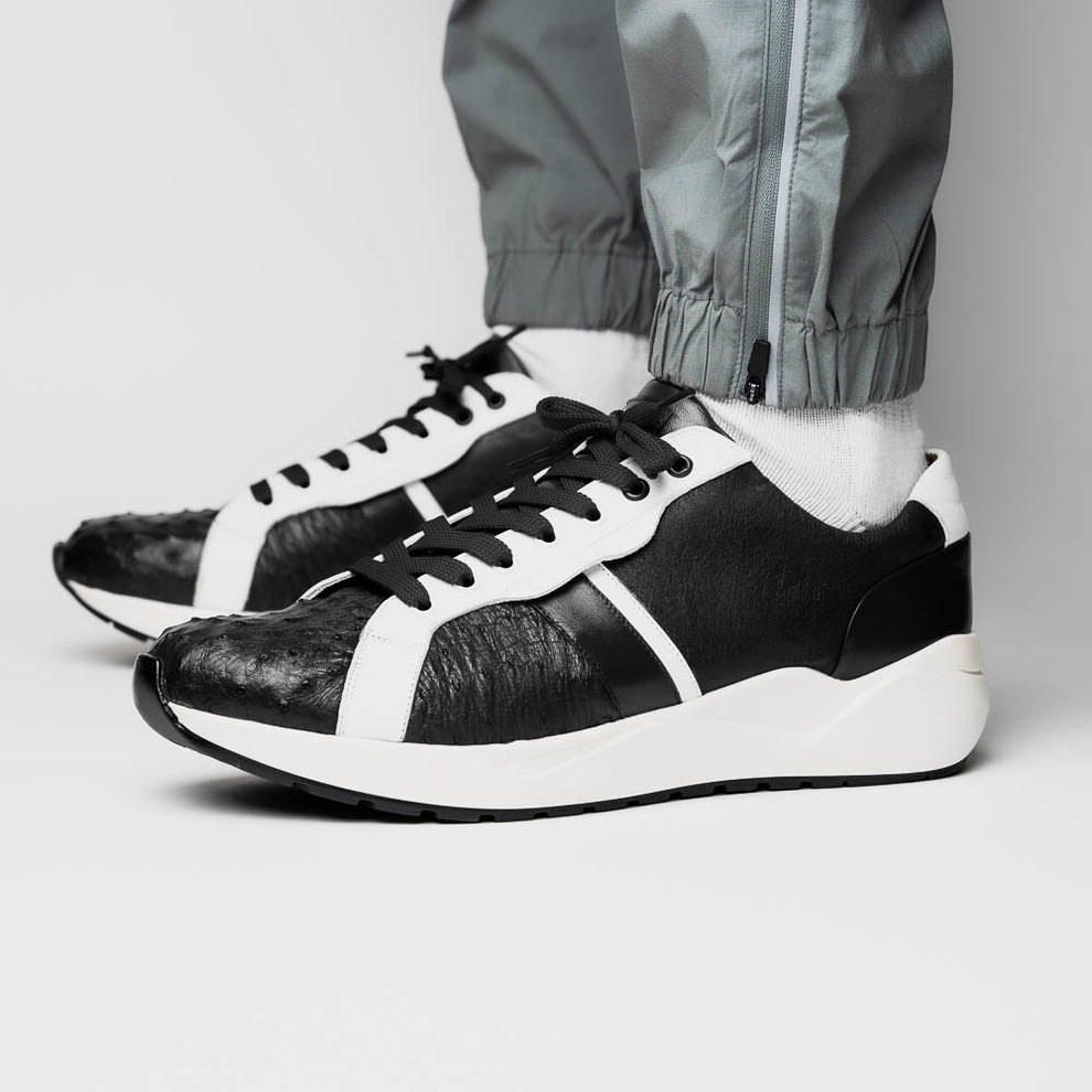 Marco Di Milano Lyon II Black / White Ostrich Quill & Calfskin Sneakers - Dudes Boutique