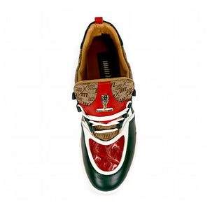 Mauri Abstract 8435 Hunter Green/White/Red/Beige Nappa/Baby Crocodile/Double M Fabric Sneakers - Dudes Boutique