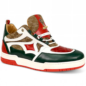 Mauri Abstract 8435 Hunter Green/White/Red/Beige Nappa/Baby Crocodile/Double M Fabric Sneakers - Dudes Boutique