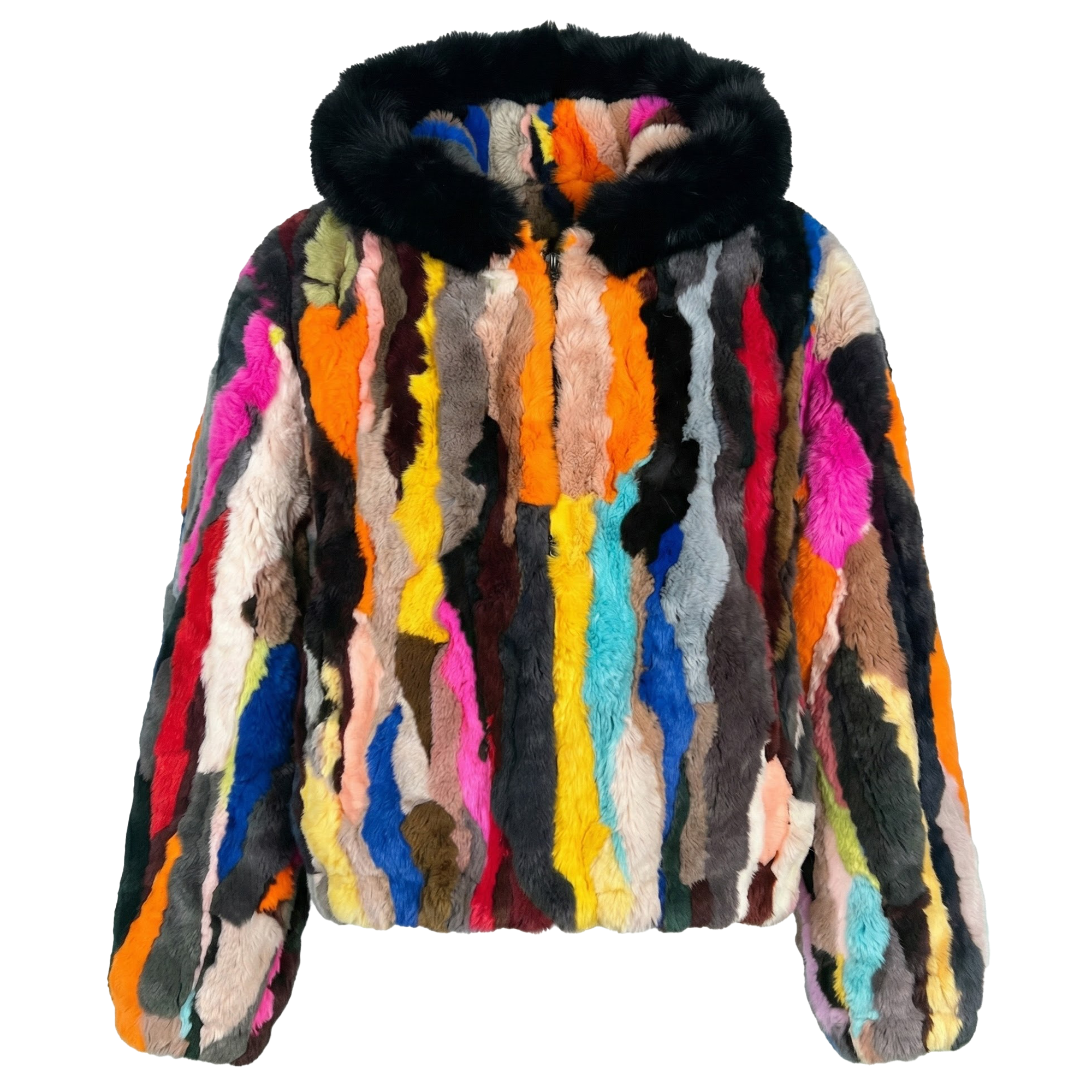 Kashani Men's Multi Color Rabbit Fur Coat w/ Detachable Hood