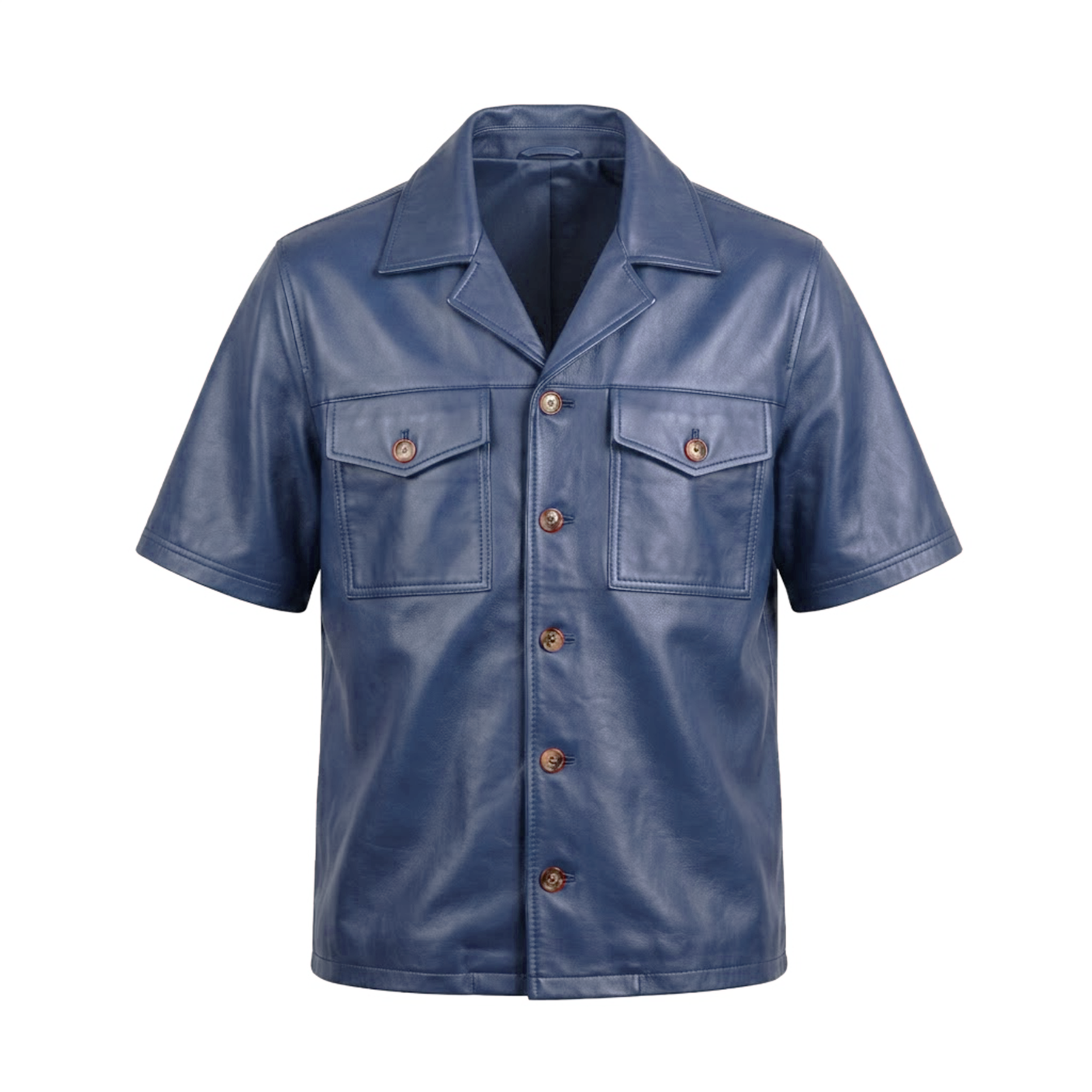 Kashani Navy Lambskin Leather Cuban Collar Shirt