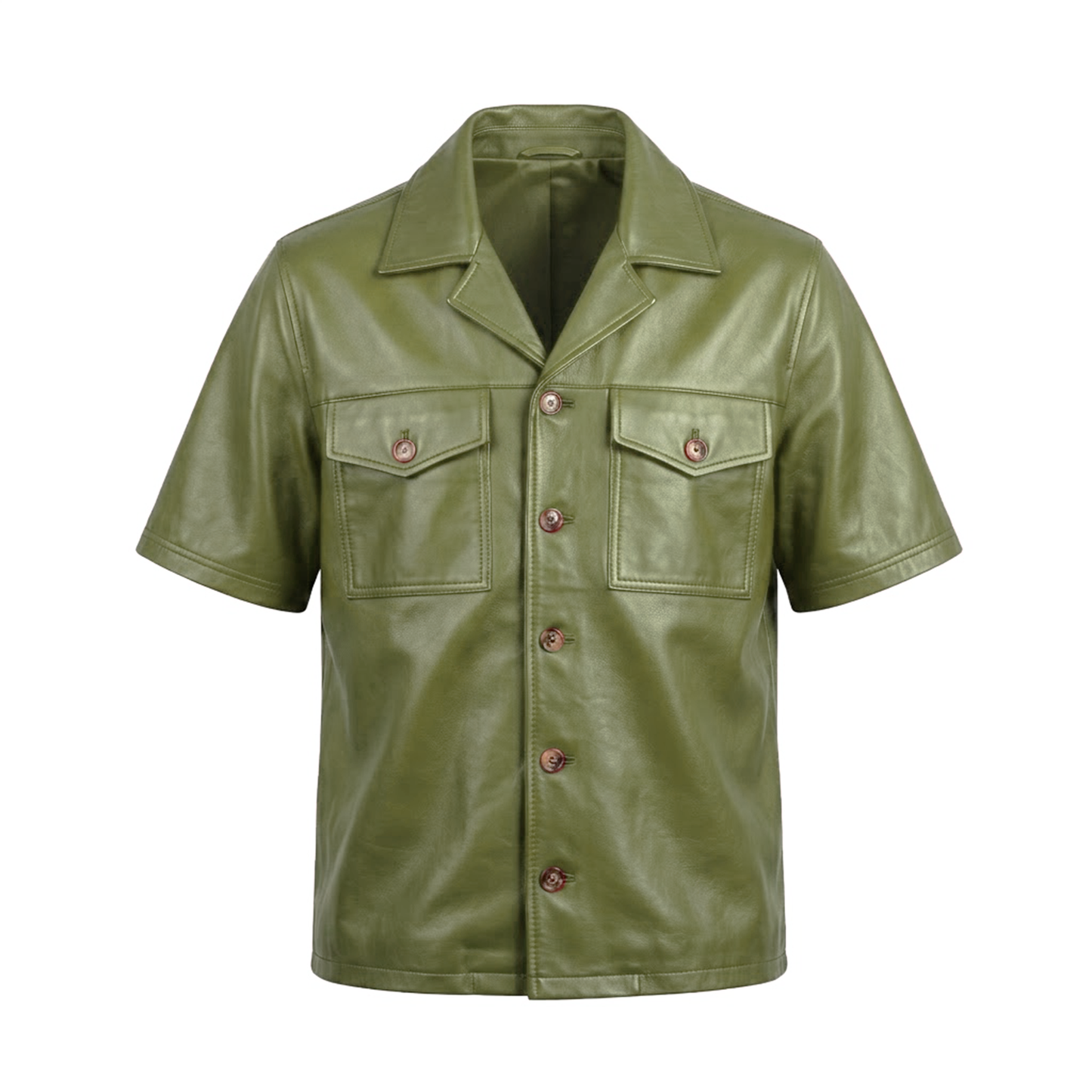 Kashani Olive Green Lambskin Leather Cuban Collar Shirt