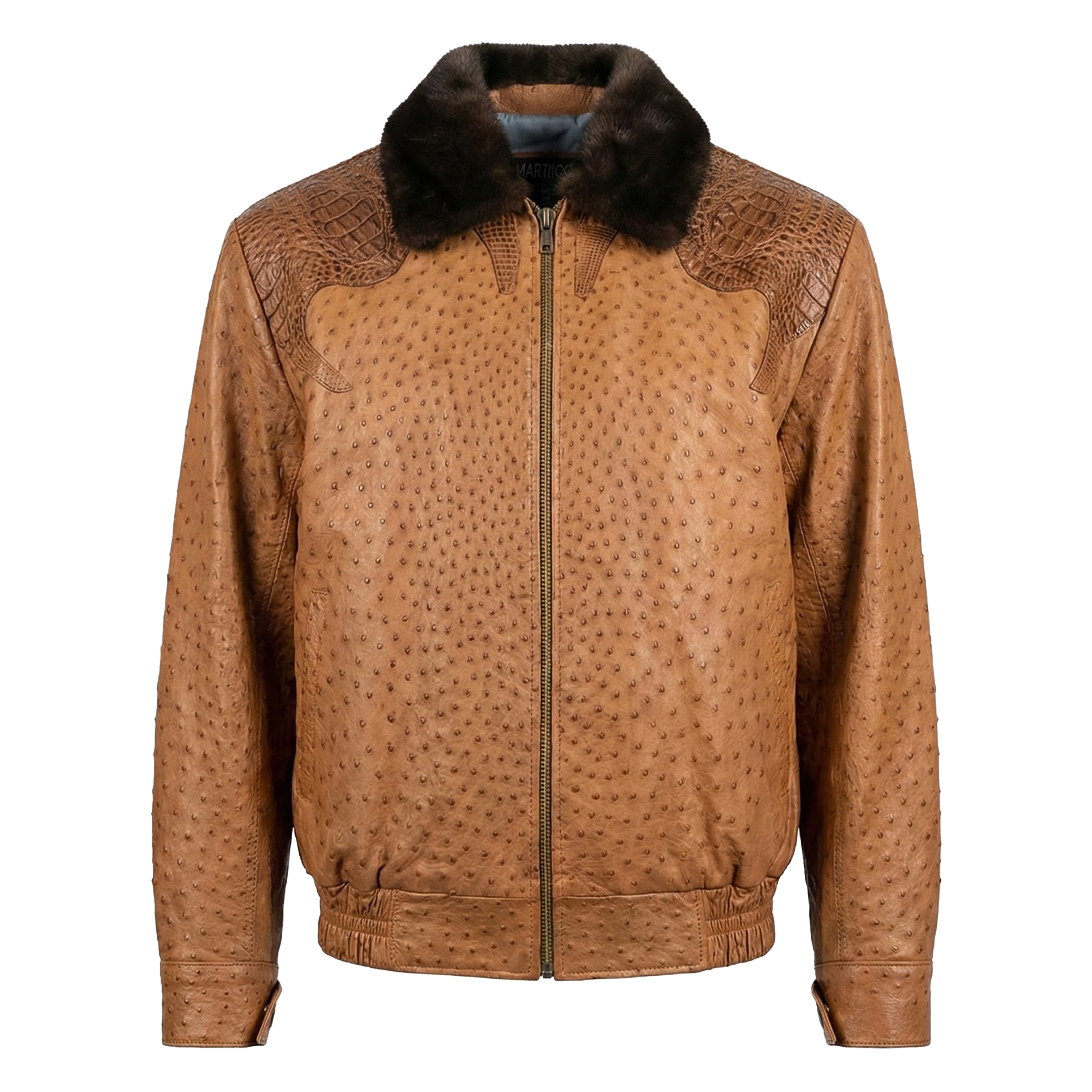 Kashani Cognac Alligator Lined Mink Collar Ostrich Quill Bomber Jacket