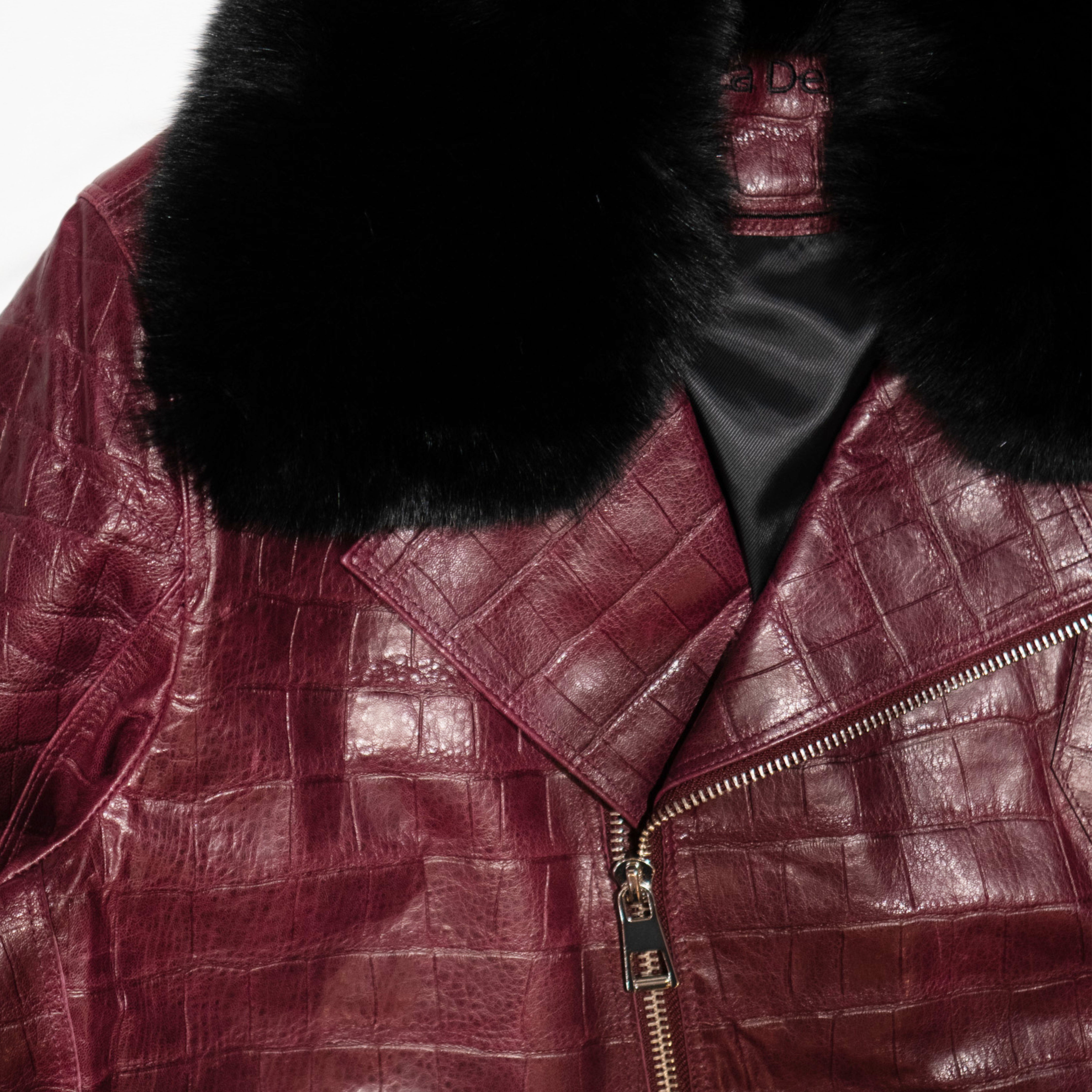 Kashani Burgundy Embossed Alligator Fox Biker Jacket