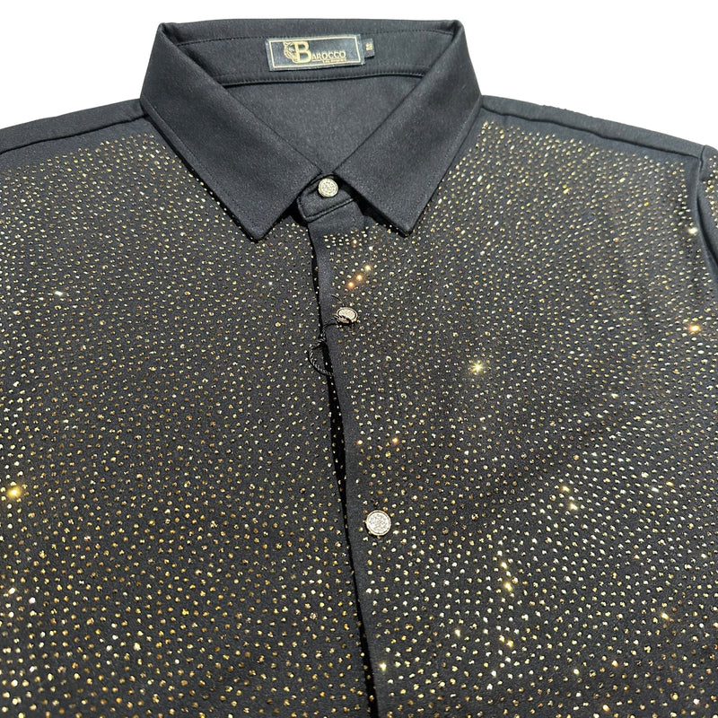 Barocco Black/Gold Fully Loaded Crystal Button Up Shirt - Dudes Boutique
