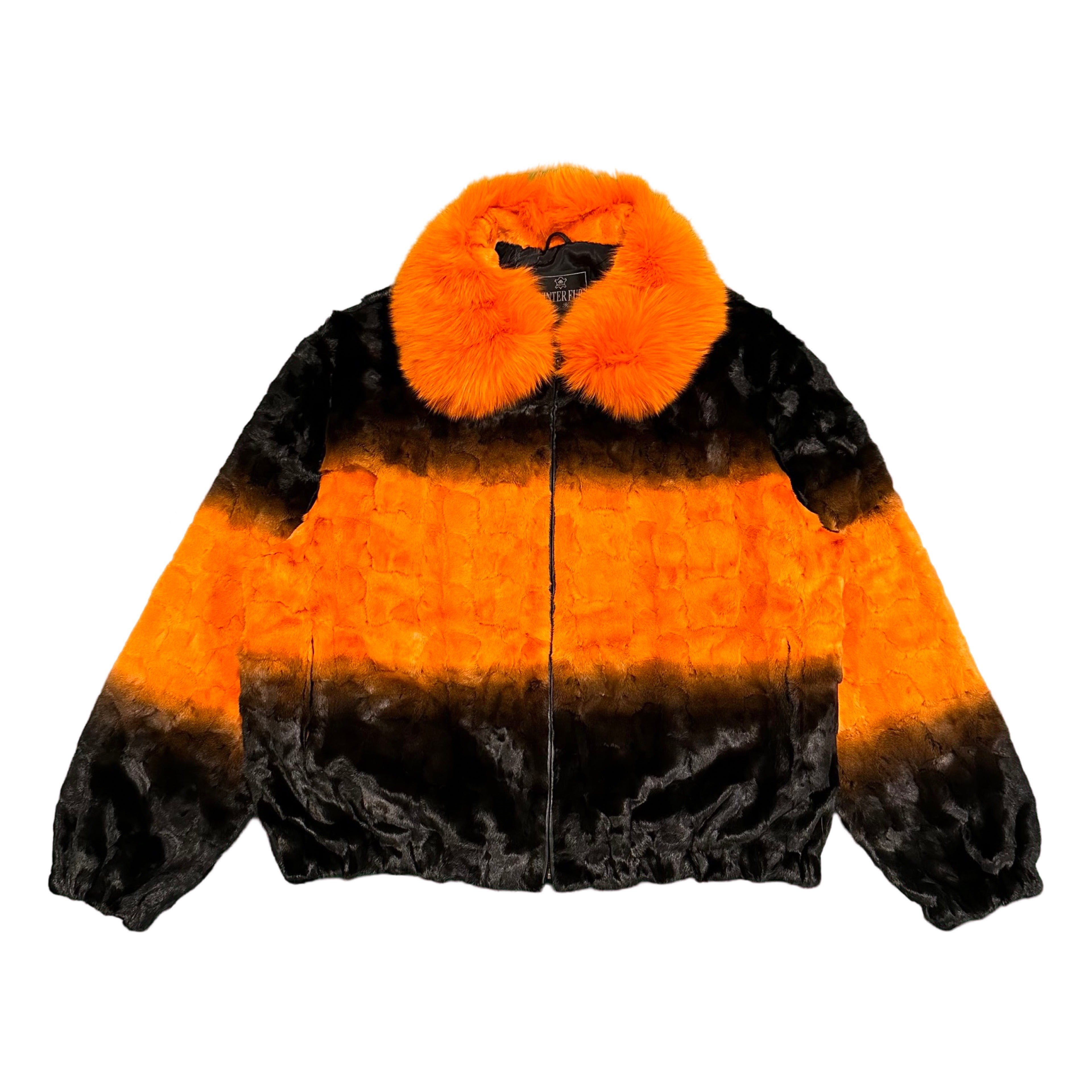 Kashani Faded Black/Orange Diamond Cut Mink Fox Collar Fur Coat
