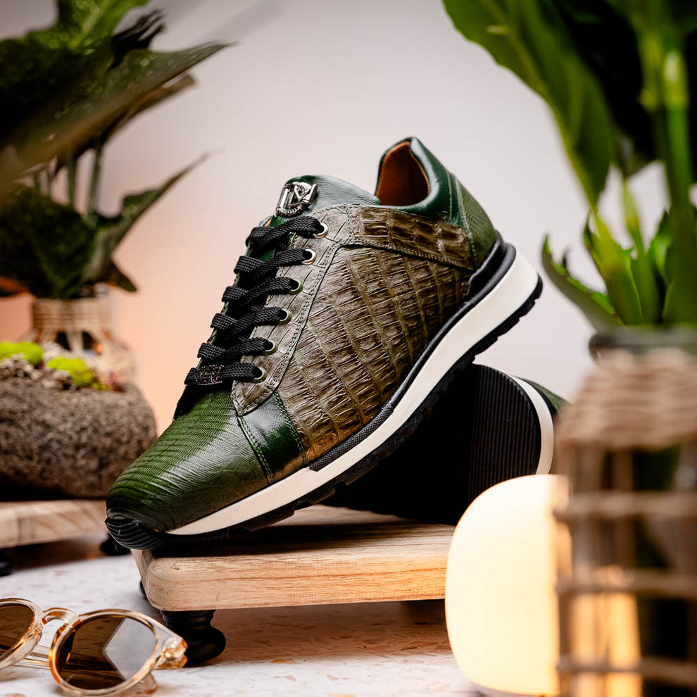 Marco Di Milano Portici Olive Green Caiman Crocodile & Lizard Sneakers - Dudes Boutique