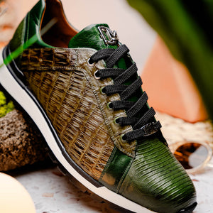 Marco Di Milano Portici Olive Green Caiman Crocodile & Lizard Sneakers - Dudes Boutique