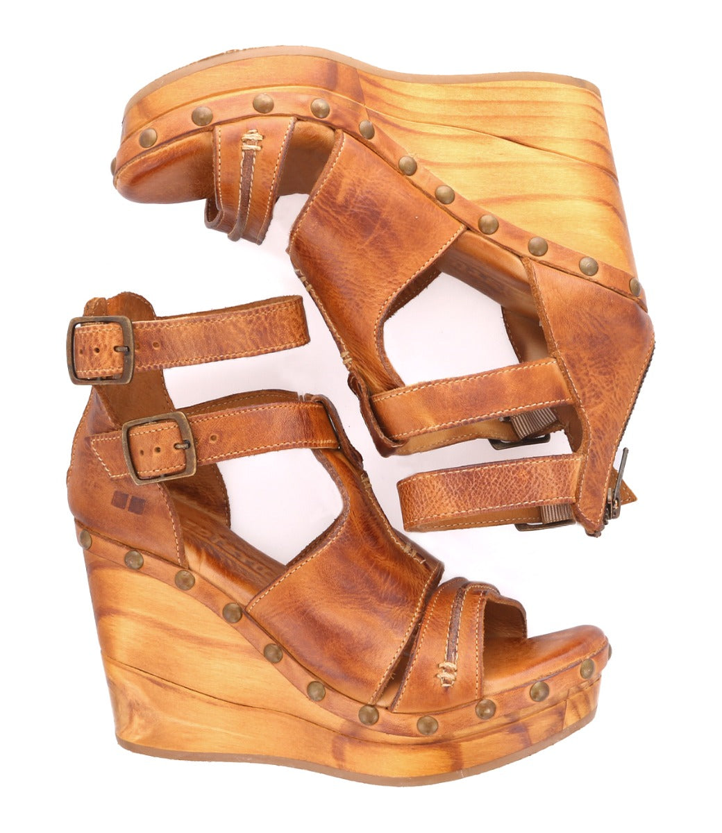 Bedstu Women's 'Princess' Pecan Leather Wooden Wedge Heels - Dudes Boutique
