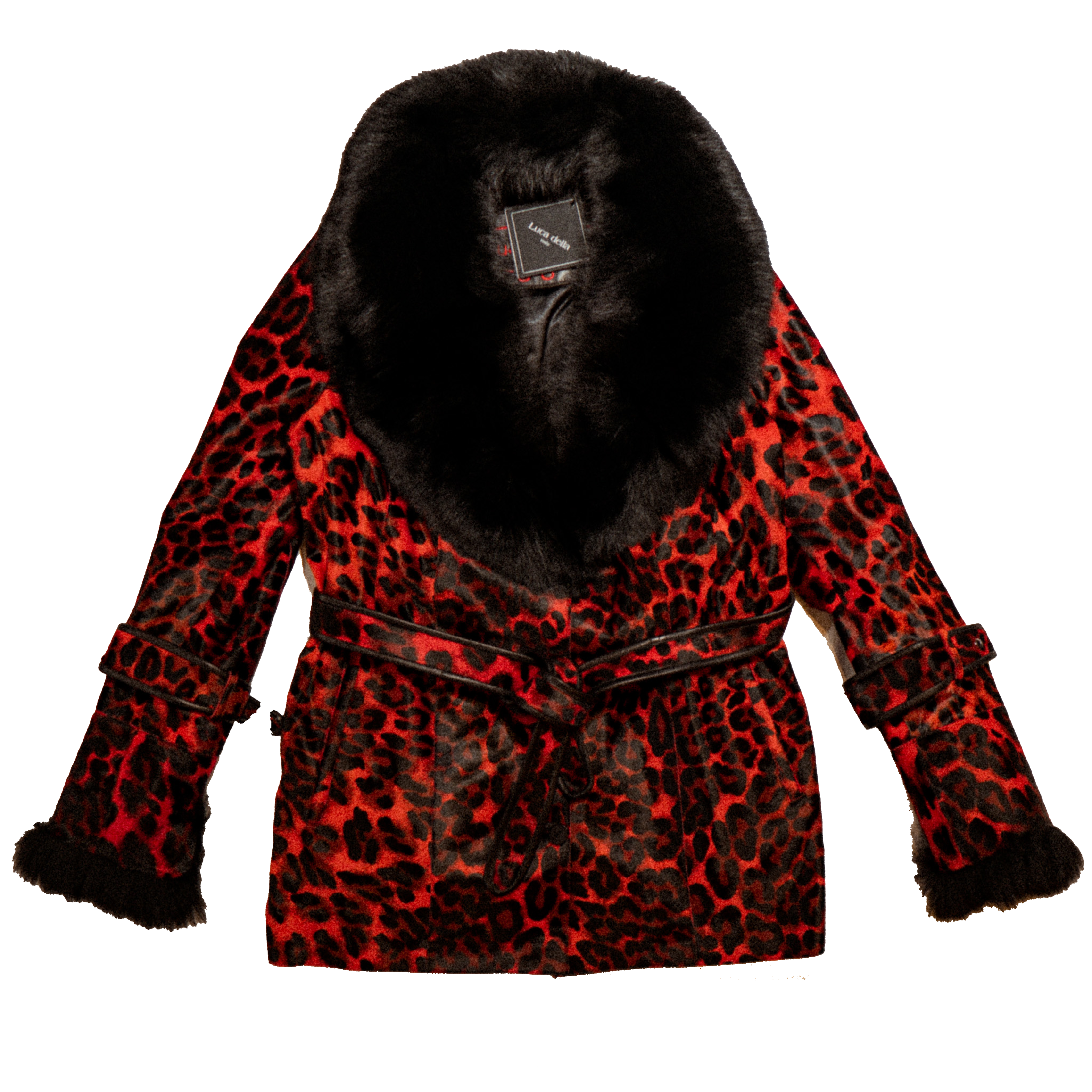 Kashani Women's Red Leopard Pony Hair Short Trench Jacket