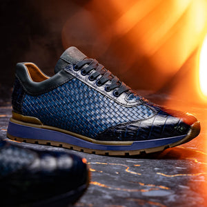 Marco Di Milano Roma Navy Woven Calfskin & Crocodile Sneakers - Dudes Boutique