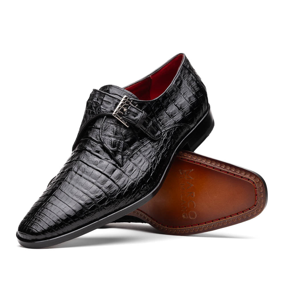 Marco Di Milano Rovigo Black Caiman Crocodile Monk Strap Dress Shoes - Dudes Boutique